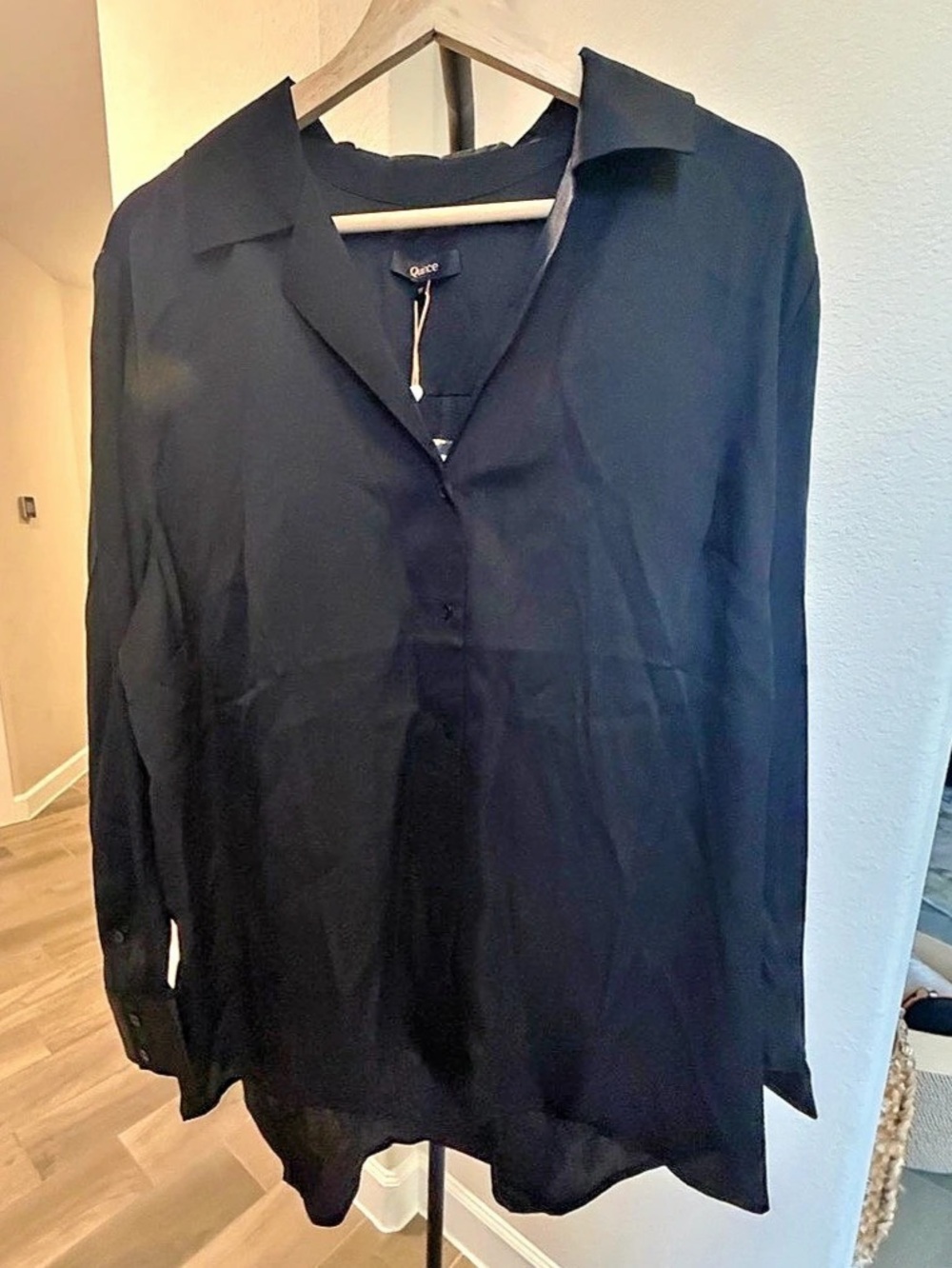 Quince Washable Stretch Silk Notch Collar Blouse Black 1X
